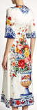 Majolica-Print Round-Neck Charmeuse Dress - DESIGNER INSPIRED FASHIONS