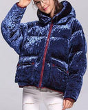 Crushed Velvet Hooded Puffer Down Jacket - Apricot, Blue, Pink, or Light Blue