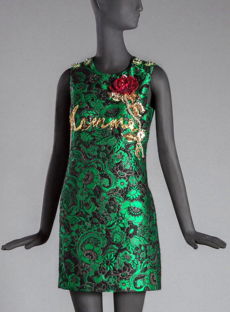 Emerald Green Brocade Dress with Sequined Rose & Writing - DESIGNER INSPIRED FASHIONS
