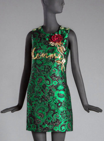 Emerald Green Brocade Dress with Sequined Rose & Writing - DESIGNER INSPIRED FASHIONS