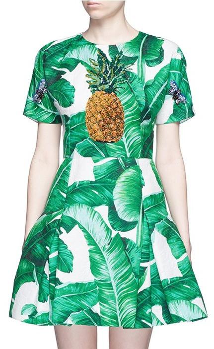 'Banana Leaf' Print Pineapple Embellished Brocade Dress - DESIGNER INSPIRED FASHIONS