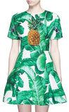 'Banana Leaf' Print Pineapple Embellished Brocade Dress - DESIGNER INSPIRED FASHIONS