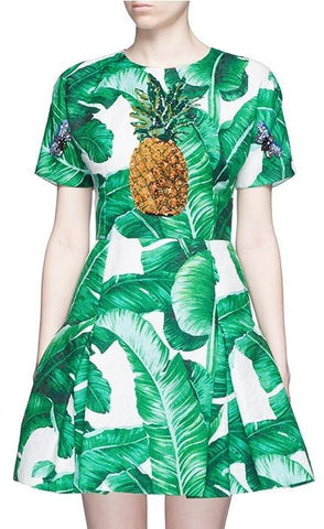 'Banana Leaf' Print Pineapple Embellished Brocade Dress - DESIGNER INSPIRED FASHIONS