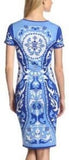 Blue Printed Jersey Silk Sheath Dress - DESIGNER INSPIRED FASHIONS