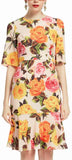 Multicolored Rose Fluted-Hem Dress