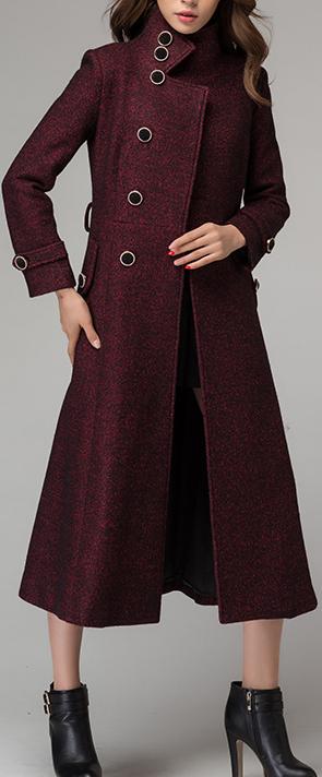 Side Embellished-Button Wool-Blend Coat, Wine Red