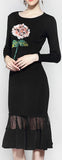 Flower-Applique Long-Sleeve Black Midi Dress