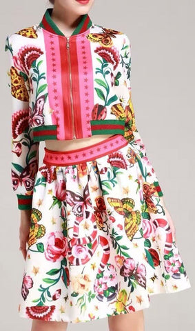 Garden Printed Zip Jacket & Skirt Set in White or Black - DESIGNER INSPIRED FASHIONS