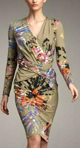 Floral Abstract Print V-Neck Ruched Jersey Dress-Multi Color - DESIGNER INSPIRED FASHIONS