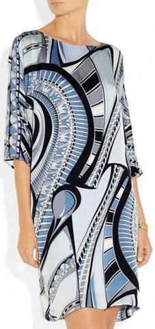 Abstract Printed Jersey Silk Tunic Dress in Blue - DESIGNER INSPIRED FASHIONS