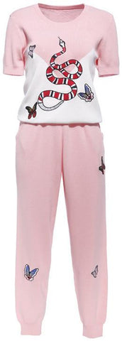 Embroidered Butterfly & Snake Knit Top & Pant Set in Pink & White - DESIGNER INSPIRED FASHIONS