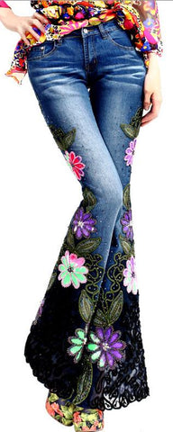 Embellished Multi Colored Floral Flared Denim Jeans - DESIGNER INSPIRED FASHIONS