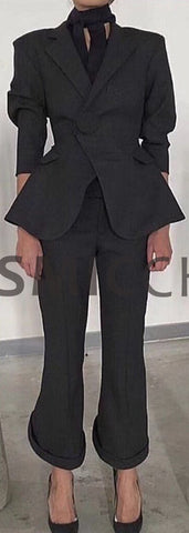 Black Rolled-Sleeve Blazer & Cropped Pant Set