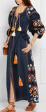 Embroidered Long Tunic Dress with Tassels in Blue - DESIGNER INSPIRED FASHIONS