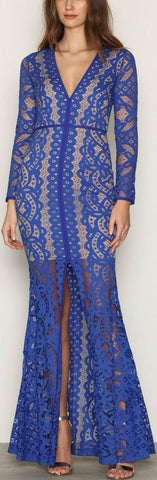 Long Blue Split-Hem Lace Maxi Dress