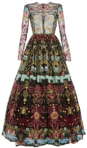 Ornamental Lace Long Sleeve Full Skirt Gown - DESIGNER INSPIRED FASHIONS