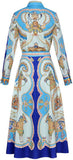 Blue Vintage-Printed Shirt & Button-Embellished Skirt Set