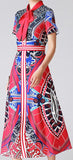 Printed Short-Sleeve Midi Dress with Neck-Tie