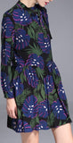 Leaf-Printed Pleated Shift Dress