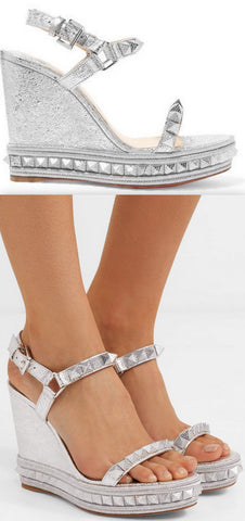 'Pyraclou' 110 Spiked Metallic Textured-Leather Wedge Sandals