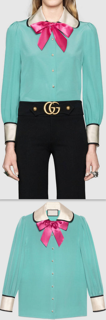 Contrast Silk Shirt with Bow - DESIGNER INSPIRED FASHIONS