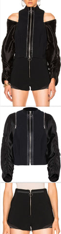 Black Jacket with Zip Sleeves & Black Shorts with Rib Insert & Studded Hem Set - DESIGNER INSPIRED FASHIONS