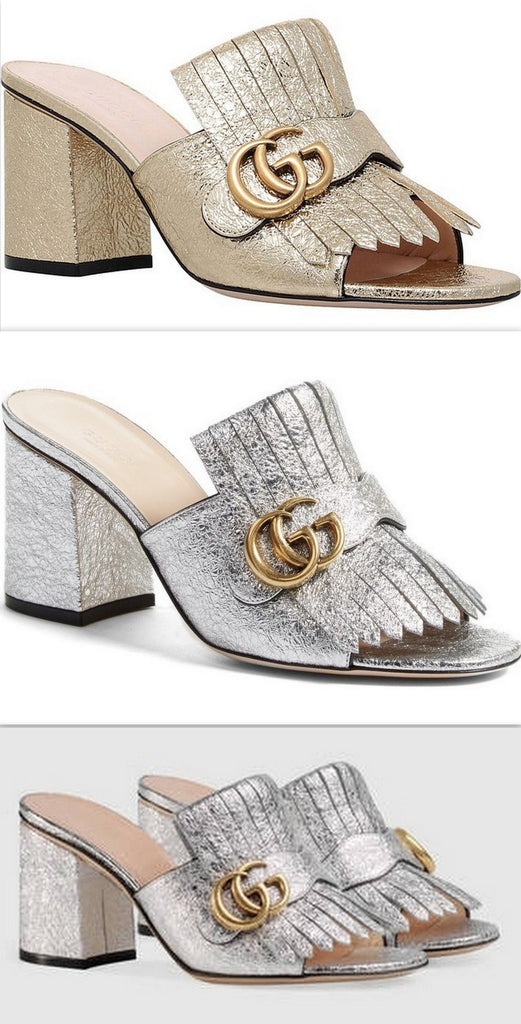 GG Marmont Metallic Crackle-Leather Mules, Gold or Silver - DESIGNER INSPIRED FASHIONS