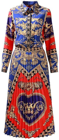 Printed Shirt and Pleated Printed Midi Skirt