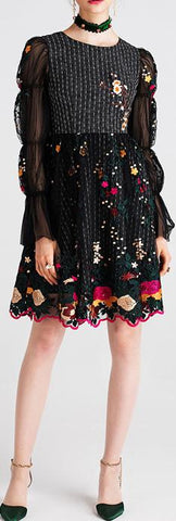 Balloon-Sleeve Embroidered Dress