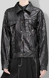 Faux-Leather Sequin Jacket, Black or Blue