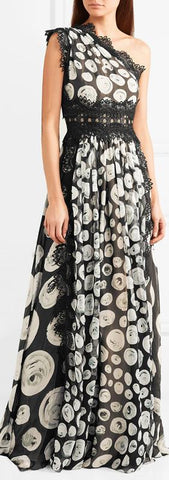 One-Shoulder Lace-Trimmed Printed Gown