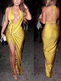 Gold Ruched Zipper-Slit Sleeveless Gown - DESIGNER INSPIRED FASHIONS