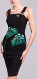 Banana Leaf Embroidered, Bee Embellished Ruched Fitted Dress in Black - DESIGNER INSPIRED FASHIONS