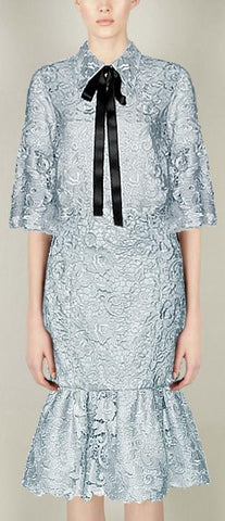 Floral Macrame Top & Flared-Hem Skirt Set in Light Blue