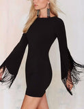 Fringed Sleeves Backless Bandage Dress in Black - DESIGNER INSPIRED FASHIONS