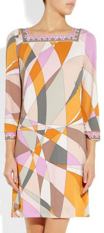Geometric Print Square-Neck Jersey Silk Mini Dress-Multi Color - DESIGNER INSPIRED FASHIONS
