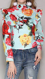 Roses Print Ruffle-Bib Blouse, Light Blue