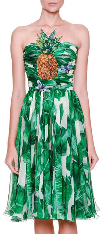 'Banana Leaf' Print Pineapple Embellished Strapless Dress - DESIGNER INSPIRED FASHIONS