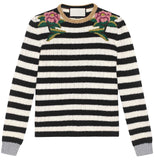 Floral-Embroidered Striped Knit Sweater