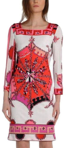 Square Neck India Floral Knit Long Sleeve Silk Dress - DESIGNER INSPIRED FASHIONS
