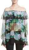 Hydrangea Print Off-The-Shoulder Silk Chiffon Blouse