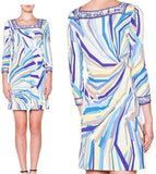 Square Neck Abstract Print Border Trim Jersey Silk Dress - DESIGNER INSPIRED FASHIONS