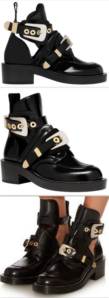 'Ceinture' Black Cut-Out Leather Ankle Boots - Black - DESIGNER INSPIRED FASHIONS