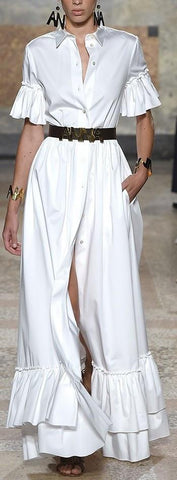 Long White Ruffled Tiered-Hem Shirt Dress - DESIGNER INSPIRED FASHIONS