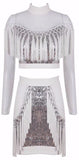 Fringed Sequined Stretch Mesh Top & Skirt Set
