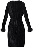 Black Glitter Pleated Dress with Rabbit-Fur-Trim