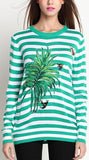 Green Striped Leaf Embroidered Knit Sweater - DESIGNER INSPIRED FASHIONS