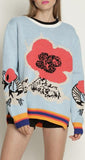 Floral-Print Contrast-Stripe Knit Sweater