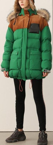 Color-Contrast Puffer Jacket with Removable Fur Hood