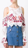 'Cecilia' Flower Embroidered Cold-Shoulder Crop Top - White or Black - DESIGNER INSPIRED FASHIONS